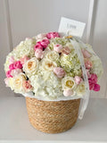 BEAUTIFUL FLOWERS BASKET WITH HYDRANGEAS