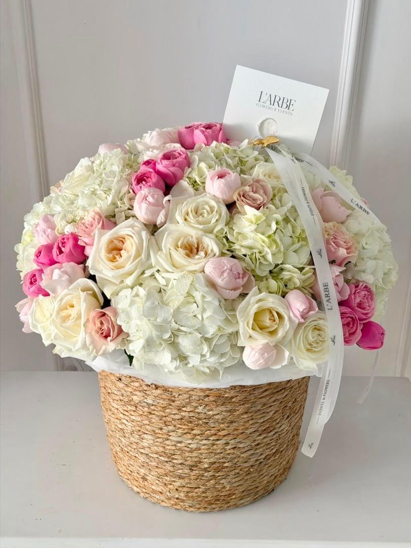 BEAUTIFUL FLOWERS BASKET WITH HYDRANGEAS