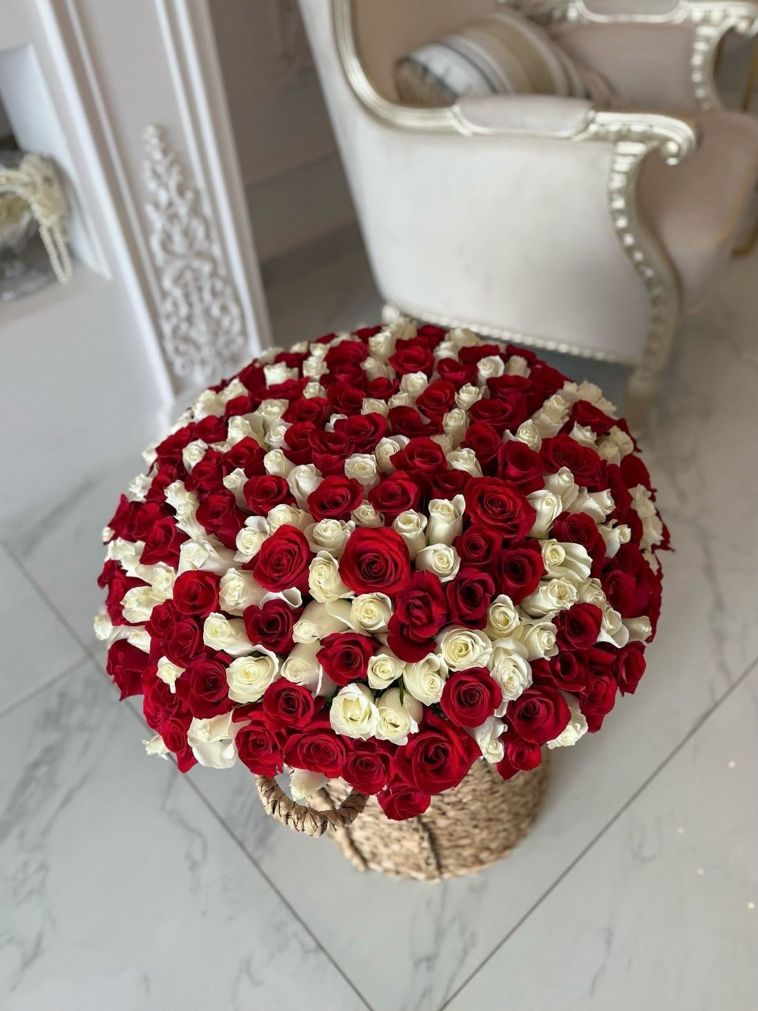 FLOWERS BASKET WITH WHITE AND RED ROSES 151 PCS