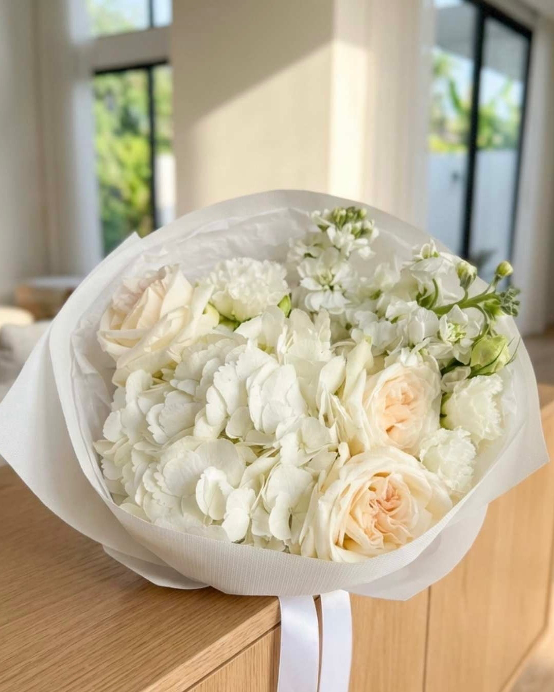 WHITE FLOWERS BOUQUET WITH HYDRANGEA, ROSES AND MATTHIOLA “CELESTE” 0109