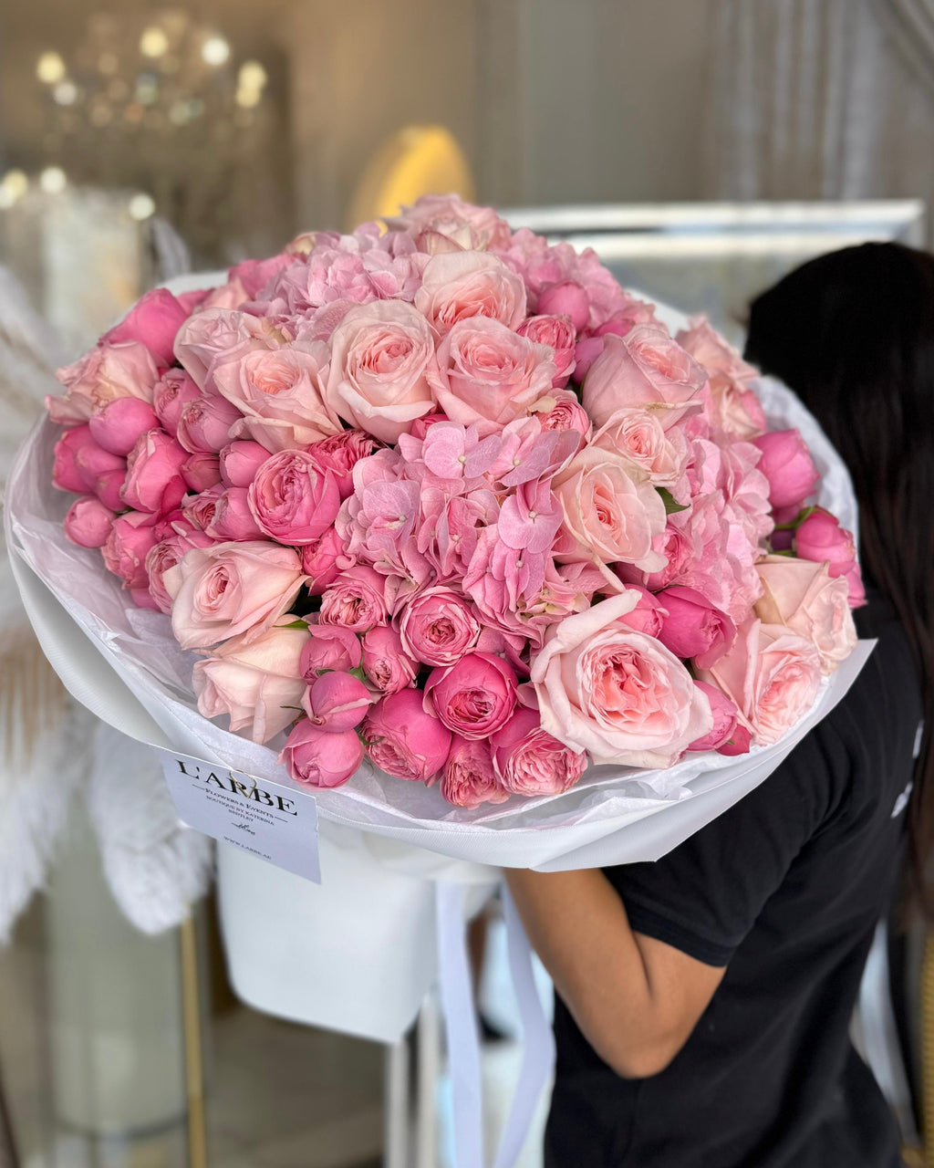 PINK FLOWERS BOUQUET WITH O’HARA HYDRANGEAS AND ROSES