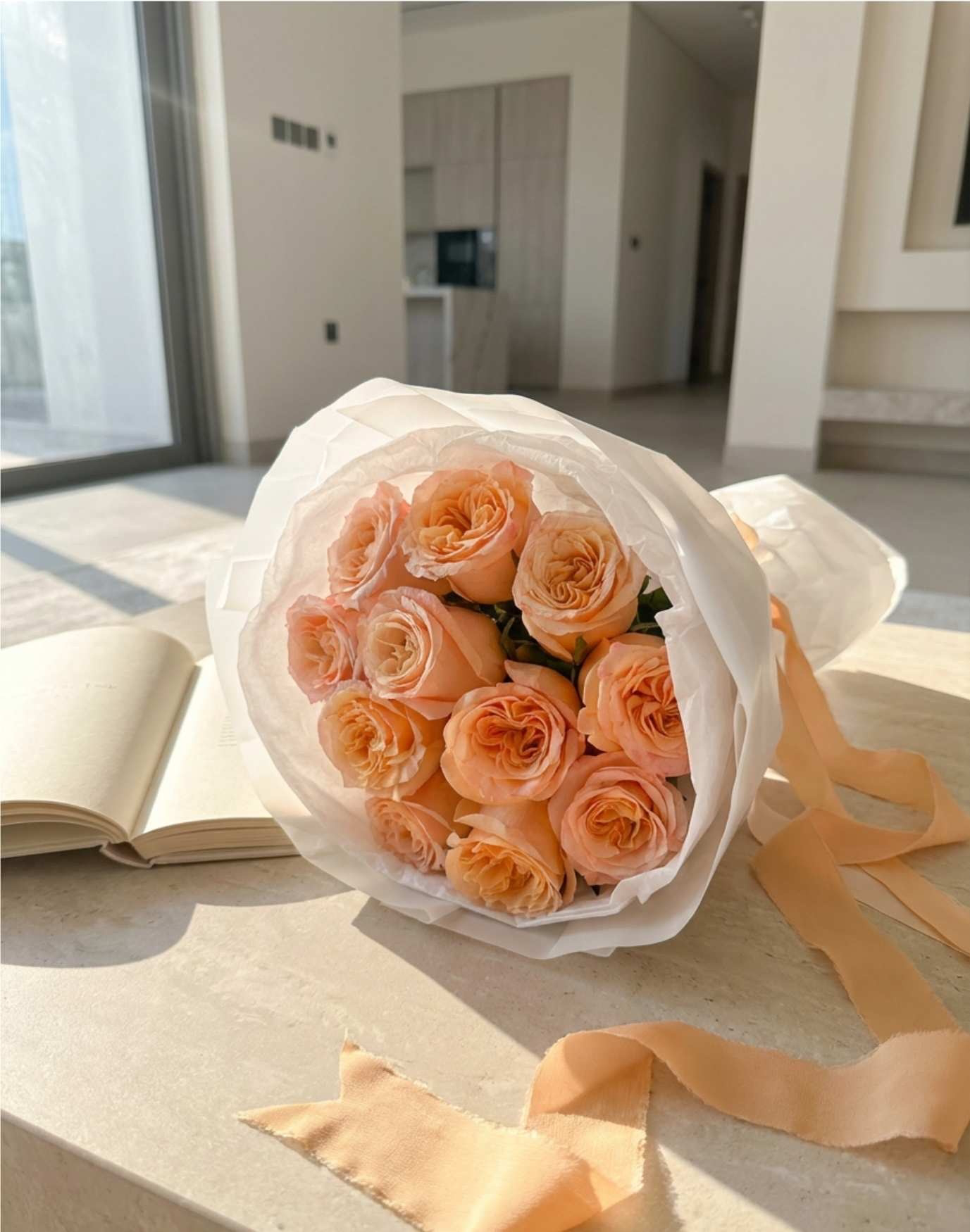 Букет цветов, персиковые розы, премиум-класса, 11 шт.