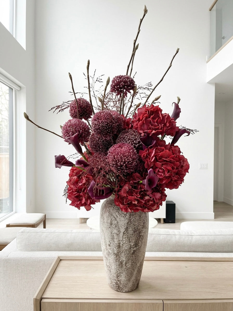 DARK RED BURGUNDY FLOWERS WITH CHRYSANTHEMUM AND MAGNOLIA