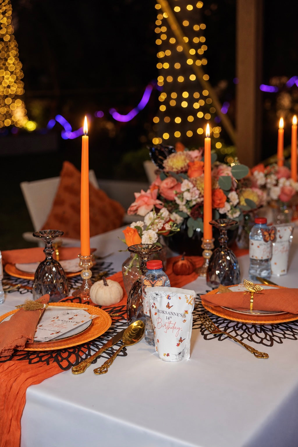 Autumn Elegance Luxury Halloween Table Setting for 8 Guests with Pumpkin Accents, Floral Decor & Candlelight - rent