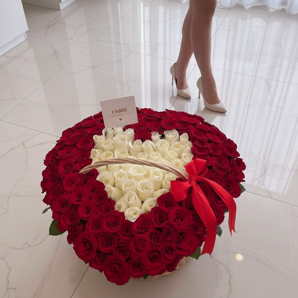 151 MIX RED AND WHITE ROSES IN BASKET “DOUBLE HEART BASKET”