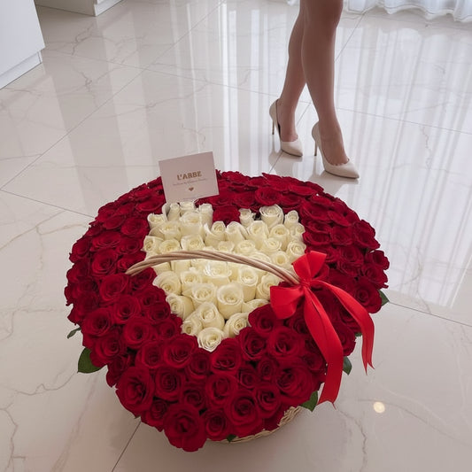 151 MIX RED AND WHITE ROSES IN BASKET “DOUBLE HEART BASKET”