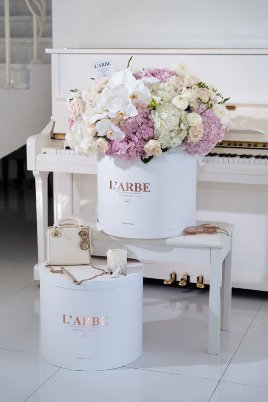 FLOWERS BOX WITH HYDRANGEAS AND RANUNCULUS “CHARM”