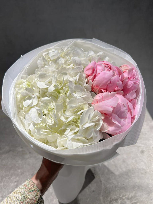 Flowers bouquet “Emi” peony pink and white hydrangea