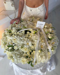 WHITE FLOWERS BOUQUET IN BASKET IN BOX WITH ROSES AND HYDRANGEA