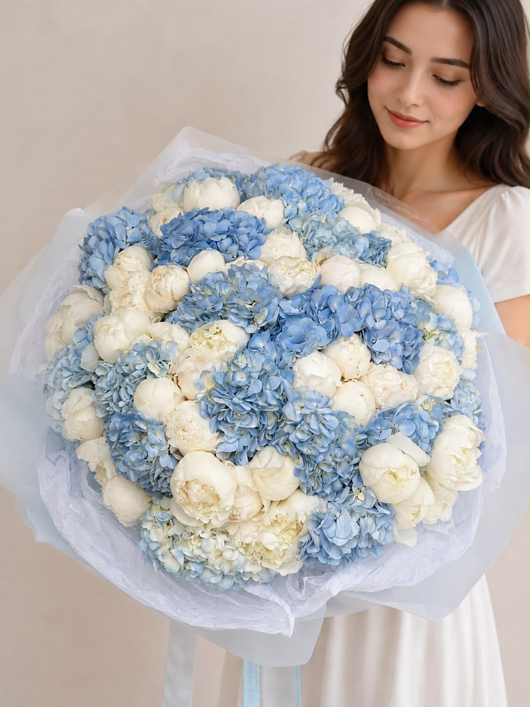 FLOWERS BOUQUET WITH PEONY AND HYDRANGEA “BLUE MUSE”