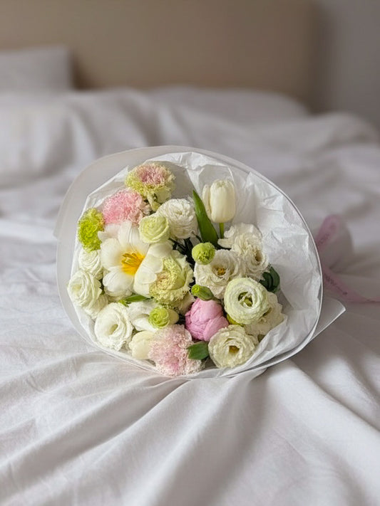 FLOWERS BOUQUET WITH EUSTOMA AND PEONIES IN WHITE WRAPPING “ANNA 4”