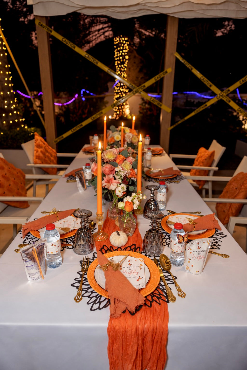 Autumn Elegance Luxury Halloween Table Setting for 8 Guests with Pumpkin Accents, Floral Decor & Candlelight - rent
