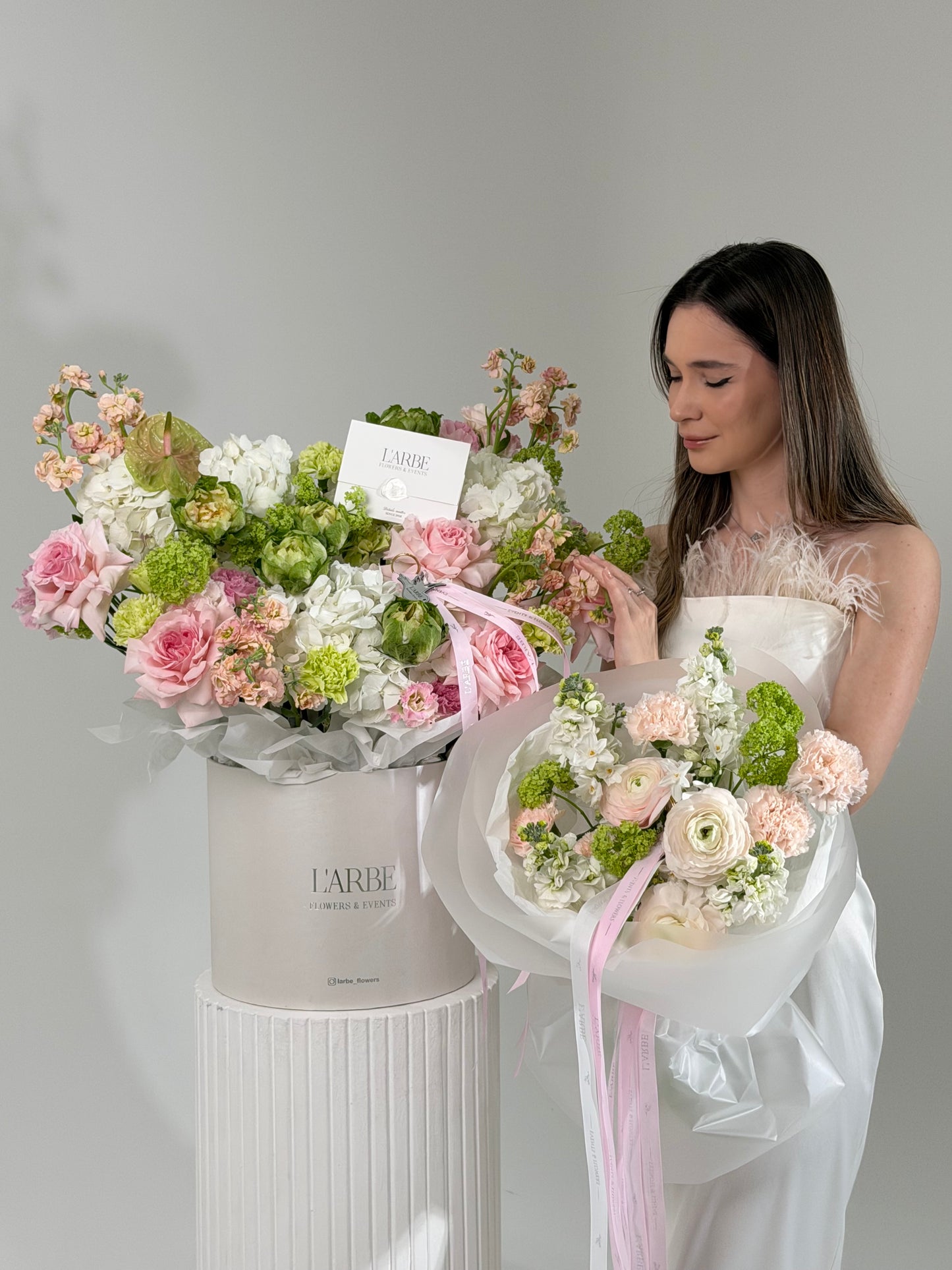 FLOWERS COMPOSITION “DOUBLE-BOUQUET SET” FLOWERS MIX IN WHITE BOX AND BOUQUET 0105