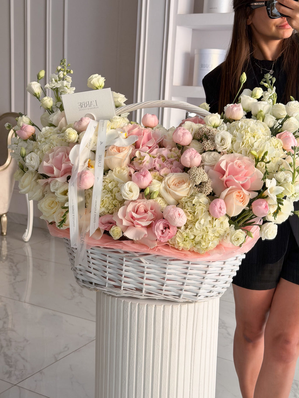 LIGHT PINK BASKET WITH HYDRANGEA, PEONY ROSES “Blush Affair”