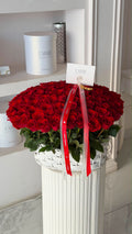 FLOWERS BASKET WITH RED ROSES 101 IN WHITE BASKET