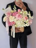 FLOWERS BASKET WITH ROSES AND HYDRANGEAS