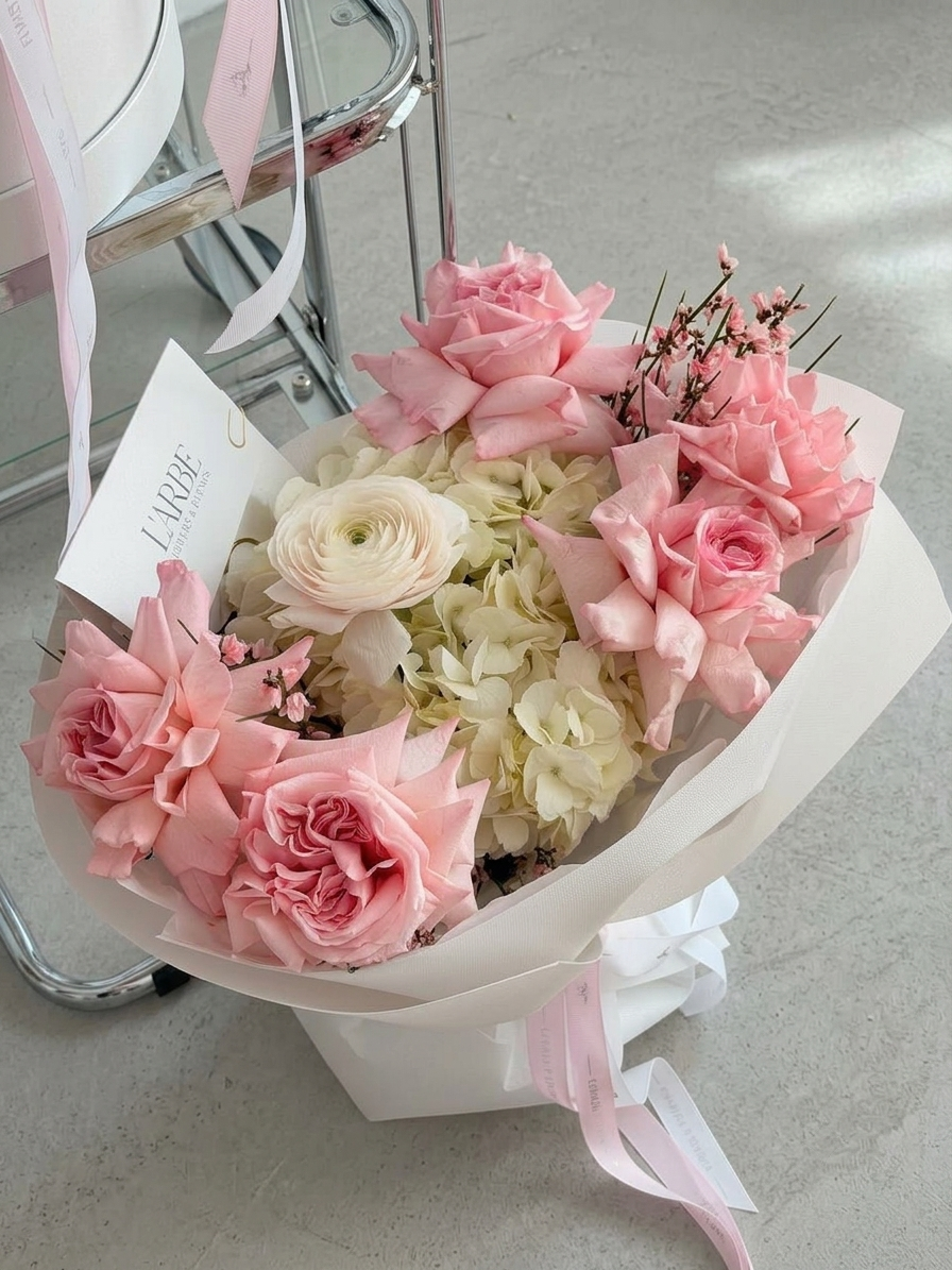 FLOWERS WHITE BOUQUET WITH HYDRANGEA, PINK ROSES AND RANUNCULUS “AURELI” 0126