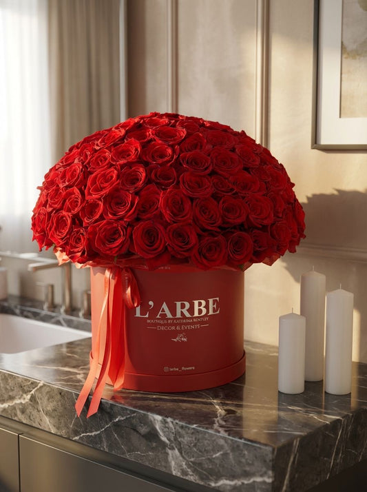 151 красная роза в красной коробке, 30 см