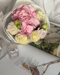 PINK AND WHITE FLOWER BOUQUET WITH ROSES, HYDRANGEA AND EUSTOMA