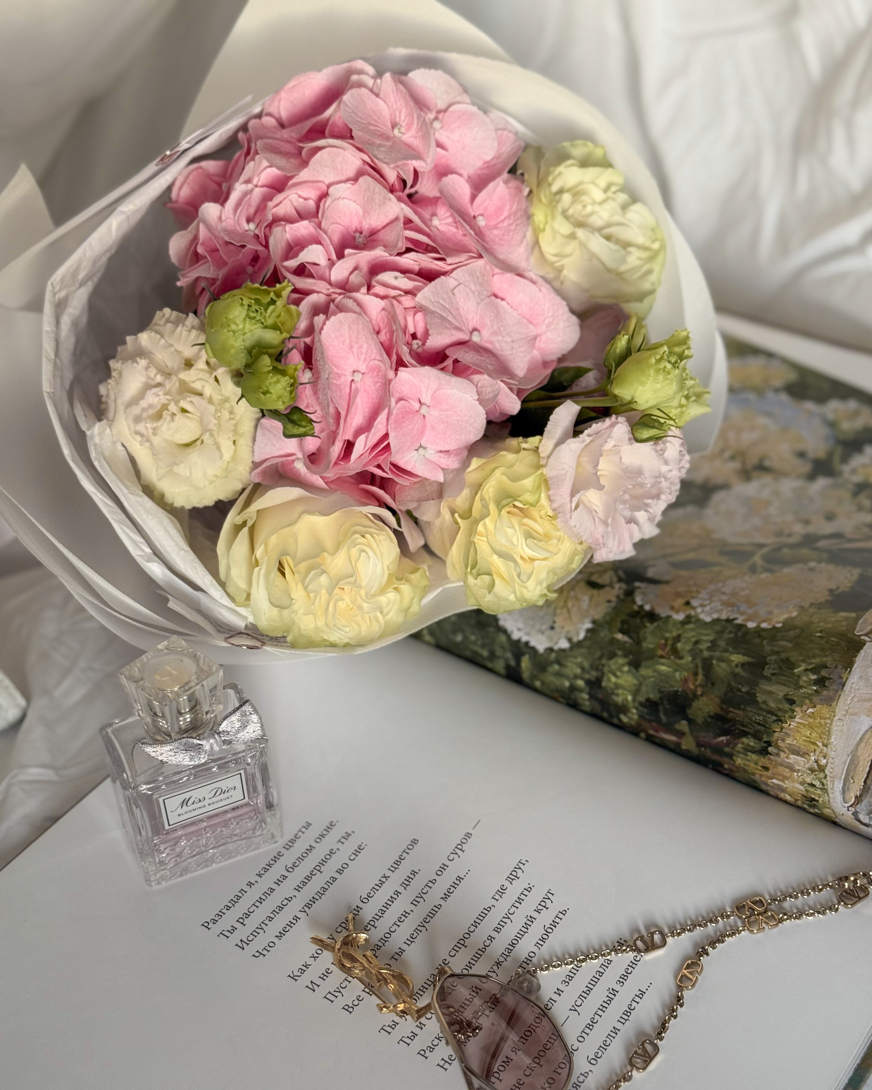 PINK AND WHITE FLOWER BOUQUET WITH ROSES, HYDRANGEA AND EUSTOMA