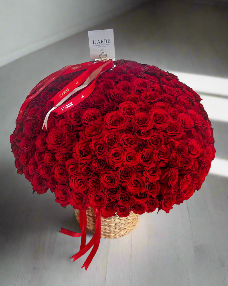 301 red roses in basket