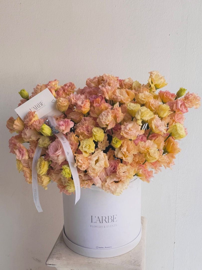 ORANGE FLOWERS BOX WITH EUSTOMA