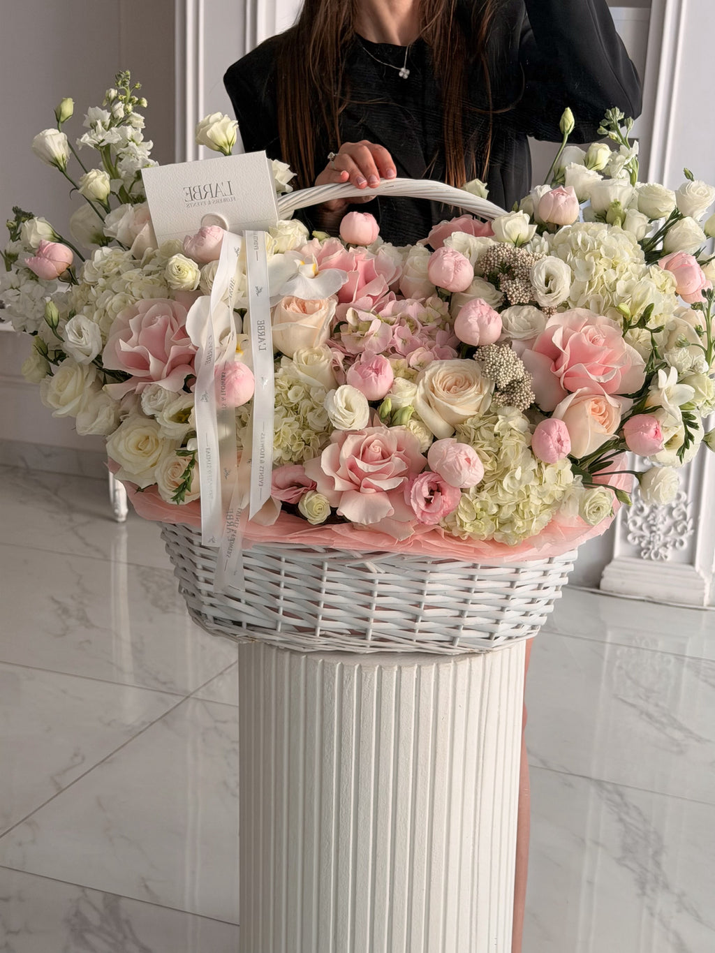 LIGHT PINK BASKET WITH HYDRANGEA, PEONY ROSES “Blush Affair”
