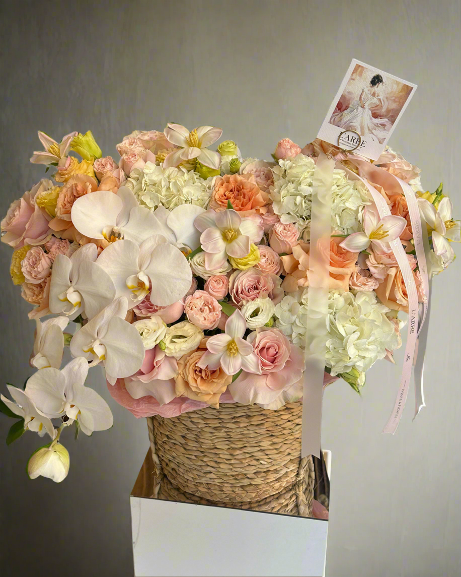 FLOWER BUSKET “APEROL” WITH ORANGE PHALENOPSYS ORHID