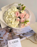 WHITE AND PINK FLOWERS BOUQUET WITH HYDRANGEA AND PEONY ROSES “PRESTIGE” 0108