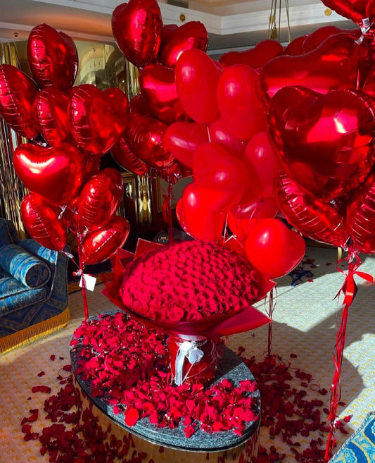 Valentine’s option Red balloons and 301 roses