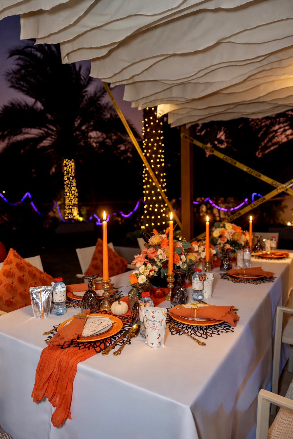 Autumn Elegance Luxury Halloween Table Setting for 8 Guests with Pumpkin Accents, Floral Decor & Candlelight - rent