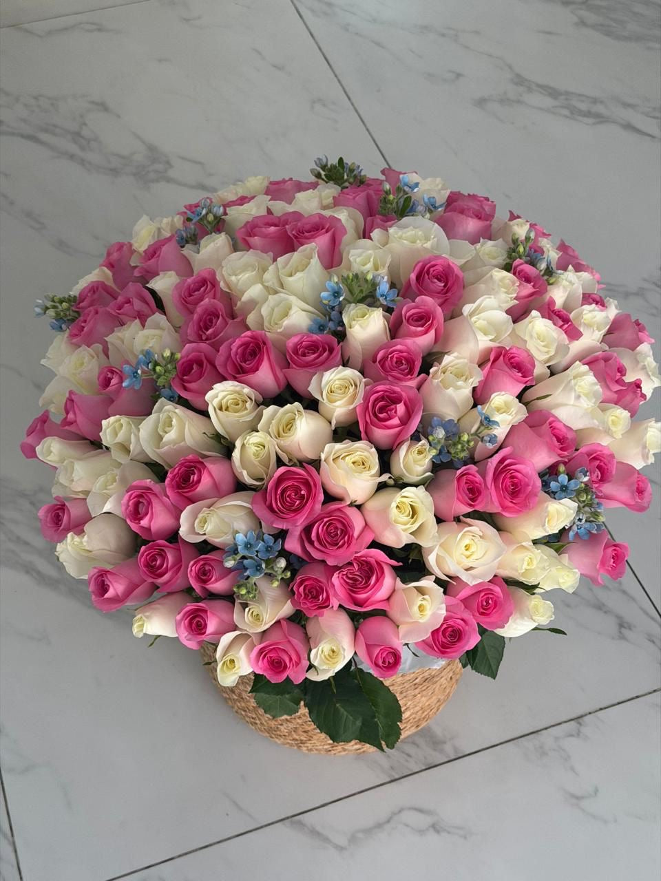 FLOWERS BASKET WITH ROSES PINK AND WHITE