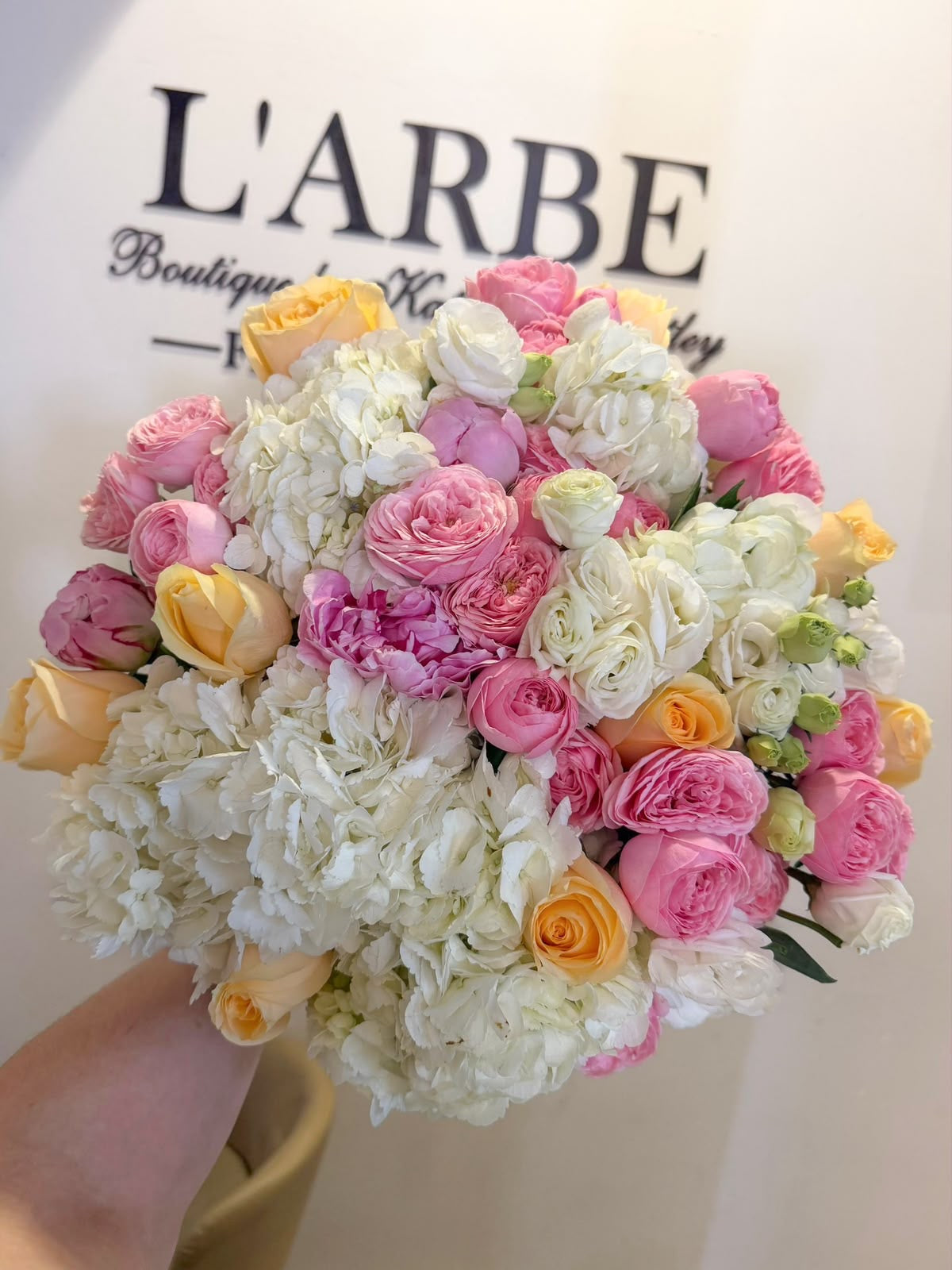 BRIGHT FLOWERS BOUQUET WITH HYDRANGEAS AND ROSES