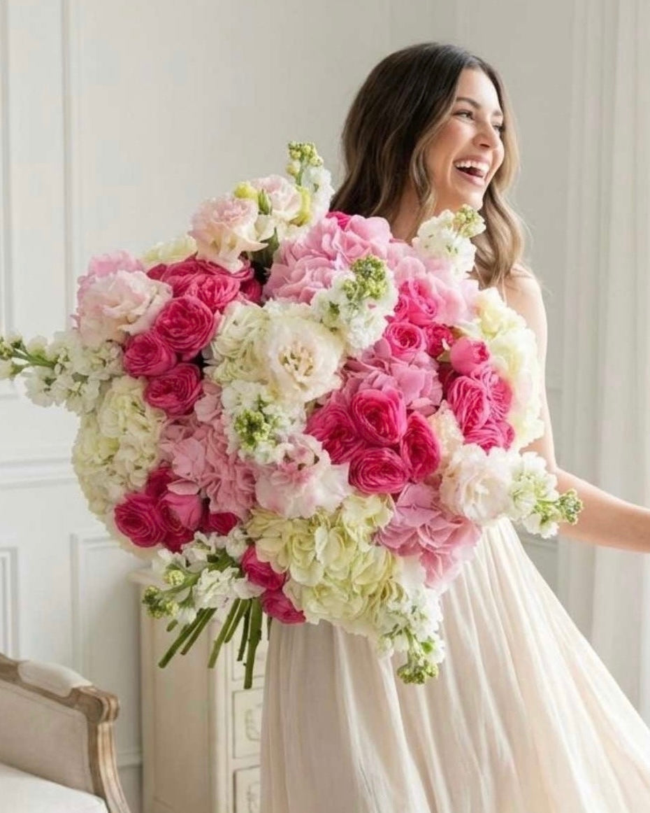 FLOWERS BOUQET WITH DARK PINK BOMBASTIC ROSES AND WHITE MATHIOLA