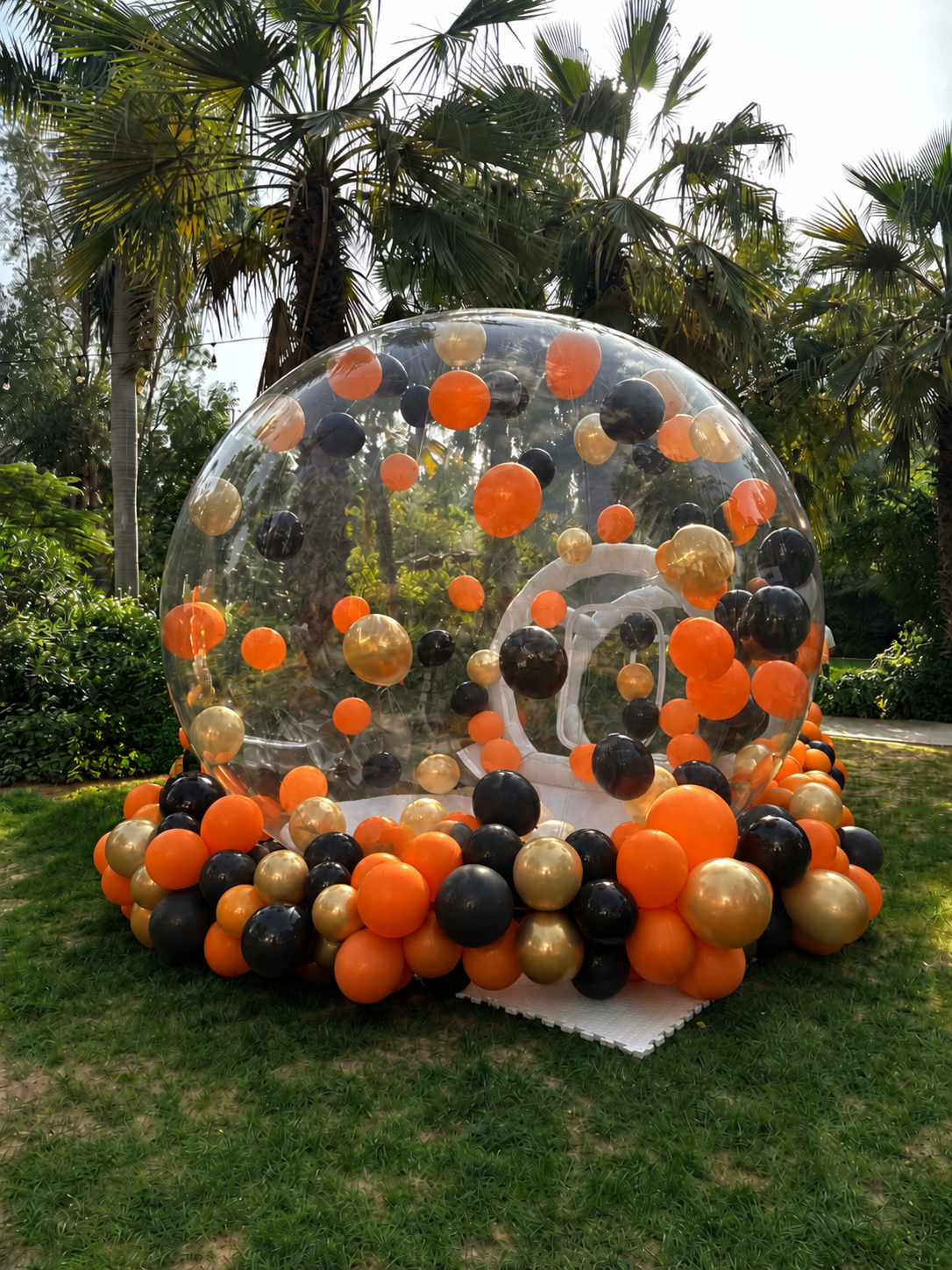 Halloween Bubble House for kids with orange-gold-black balloons - rent