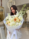 FLOWERS ARRANGEMENT WITH DELPHINIUM AND DAVID AUSTIN ROSES AND RANUNCULUS “SANTORI”