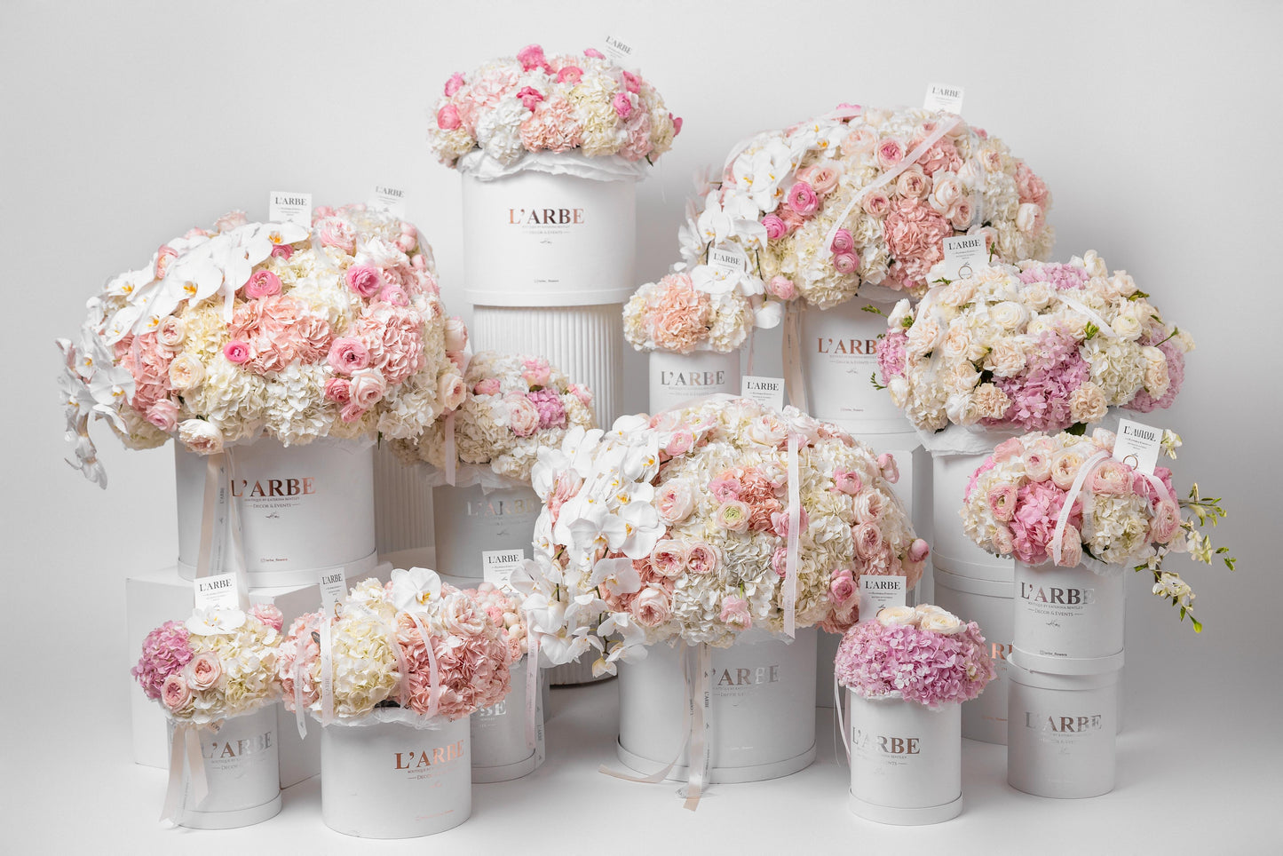 HUGE FLOWERS BOXES SET WITH HYDRANGEAS, ORCHIDS AND ROSES