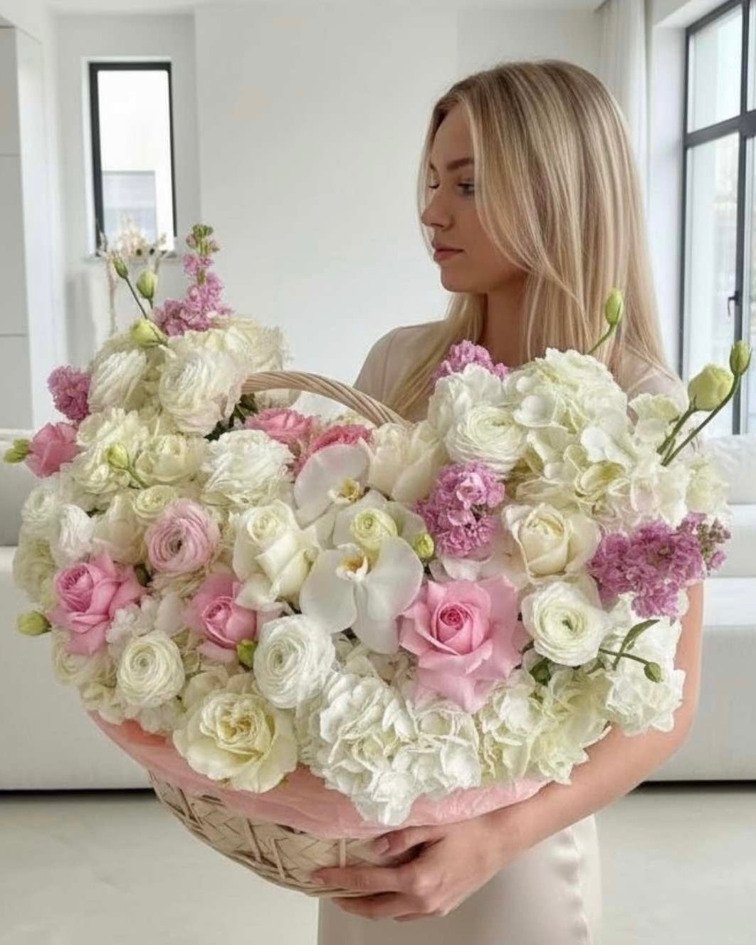 WHITE AND PINK FLOWER BASKET WITH RANUNCULUS, ORCHIDS AND MATTHIOLA