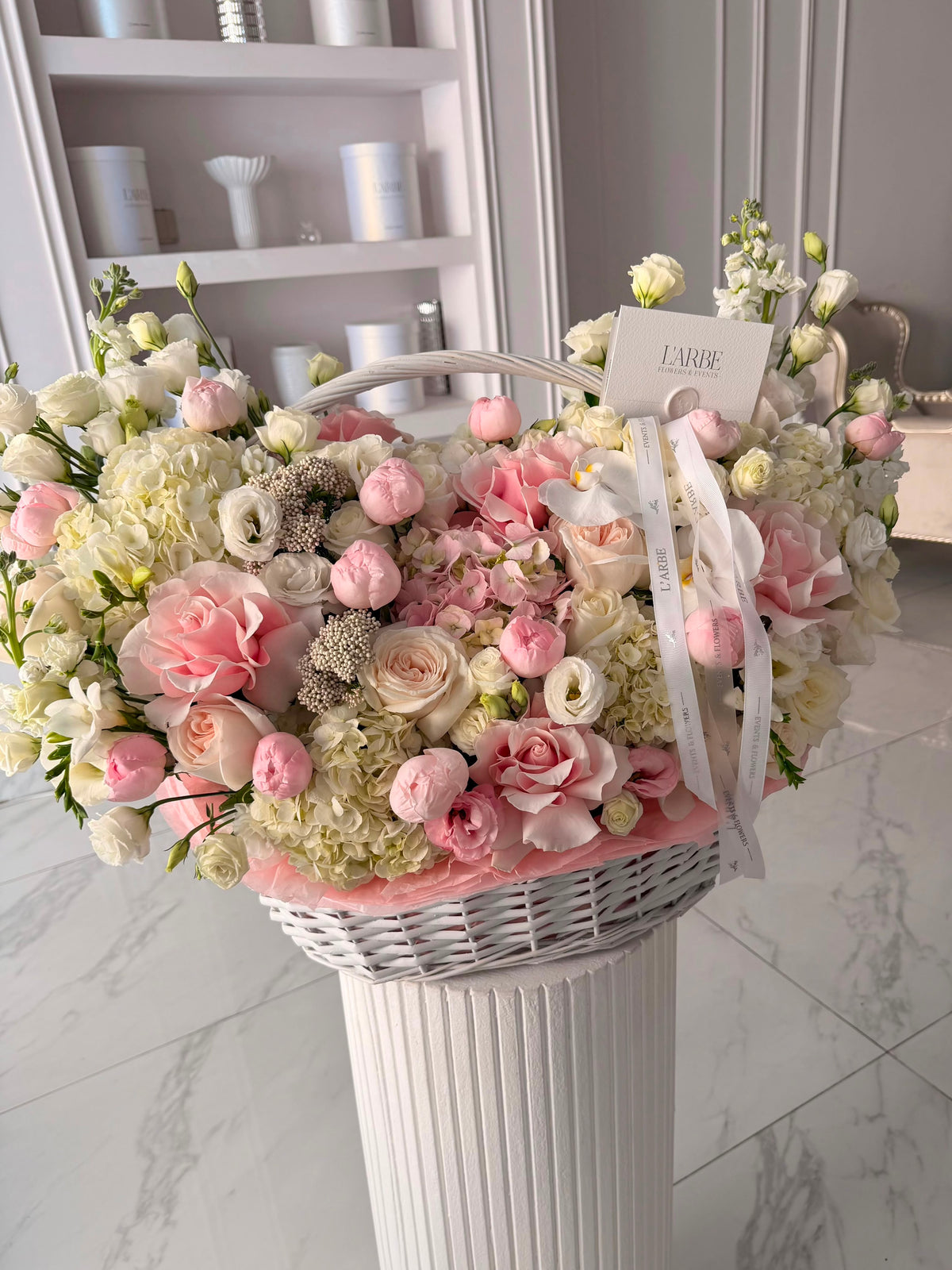 LIGHT PINK BASKET WITH HYDRANGEA, PEONY ROSES “Blush Affair”
