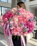 PINK AND PURPLE FLOWERS BOUQUET WITH ROSES, HYDRANGEA AND MATTHIOLA