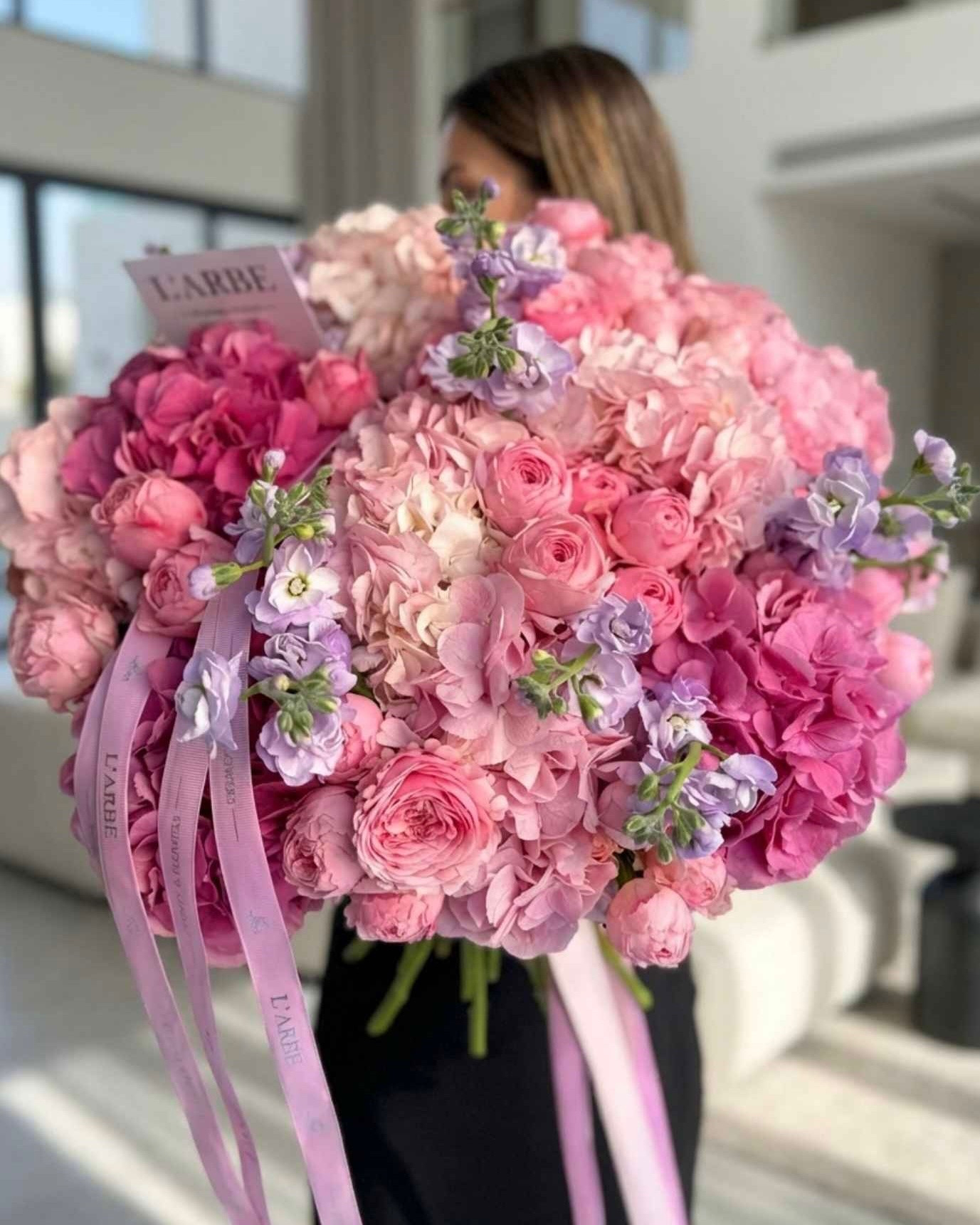 PINK AND PURPLE FLOWERS BOUQUET WITH ROSES, HYDRANGEA AND MATTHIOLA