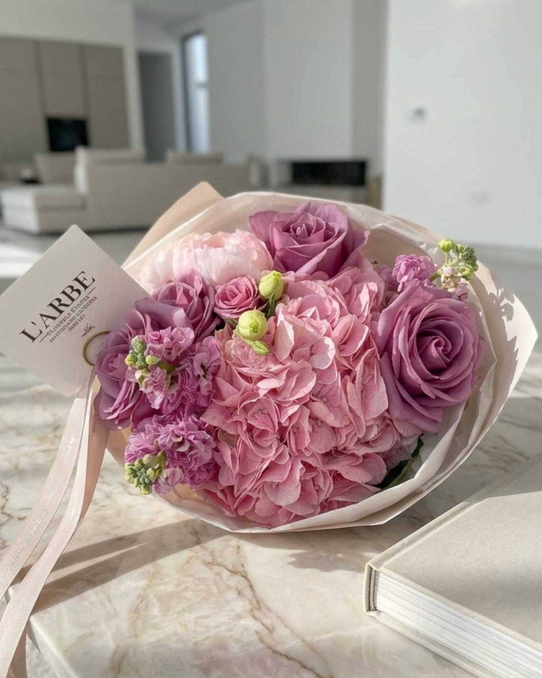 PURPLE FLOWERS BOUQUET WITH HYDRANGEA AND ROSES