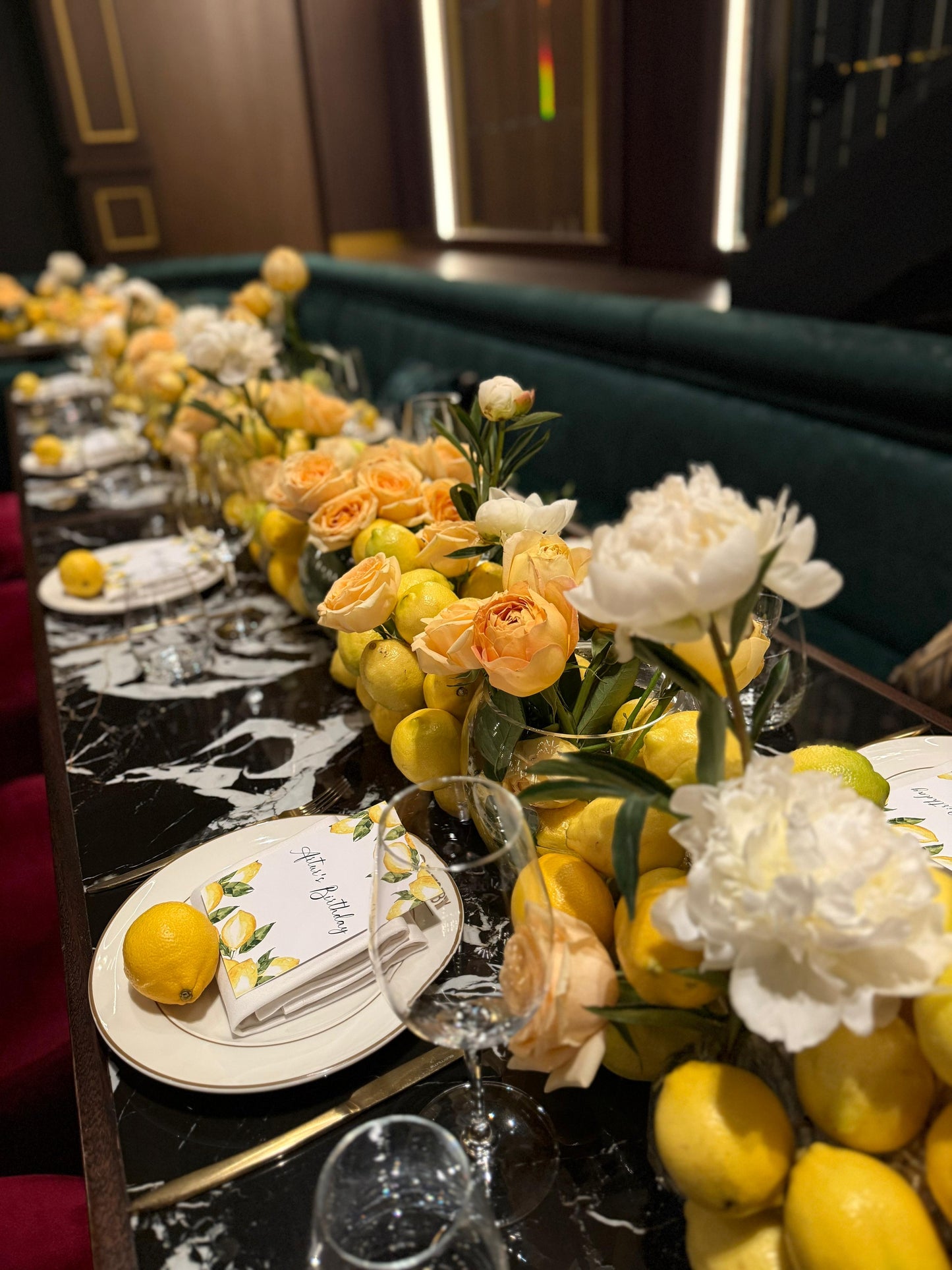 Floral decoration of the table “Lemon” peony and roses -1 metres price