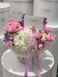 FLOWERS BASKET WITH HYDRANGEAS AND MATTHIOLA “AVELORA”