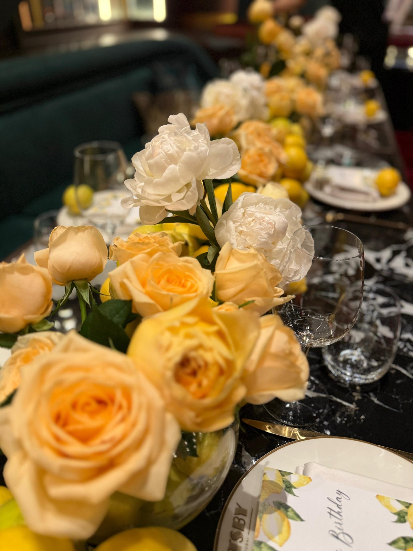 Floral decoration of the table “Lemon” peony and roses -1 metres price