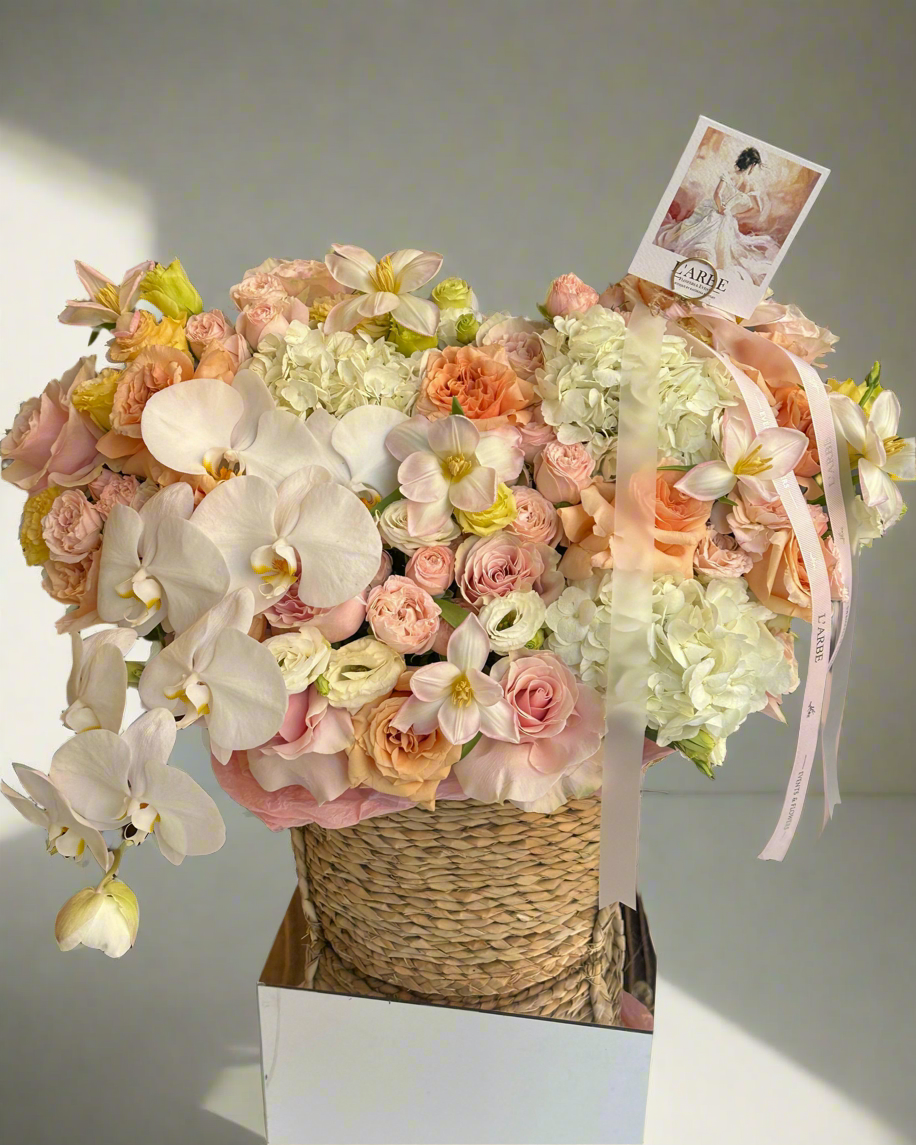 FLOWER BUSKET “APEROL” WITH ORANGE PHALENOPSYS ORHID