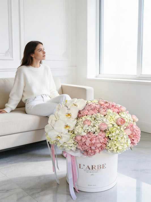 FLOWERS WHITE BOX WITH HYDRANGEAS AND ORCHIDS “ANGEL KISS”