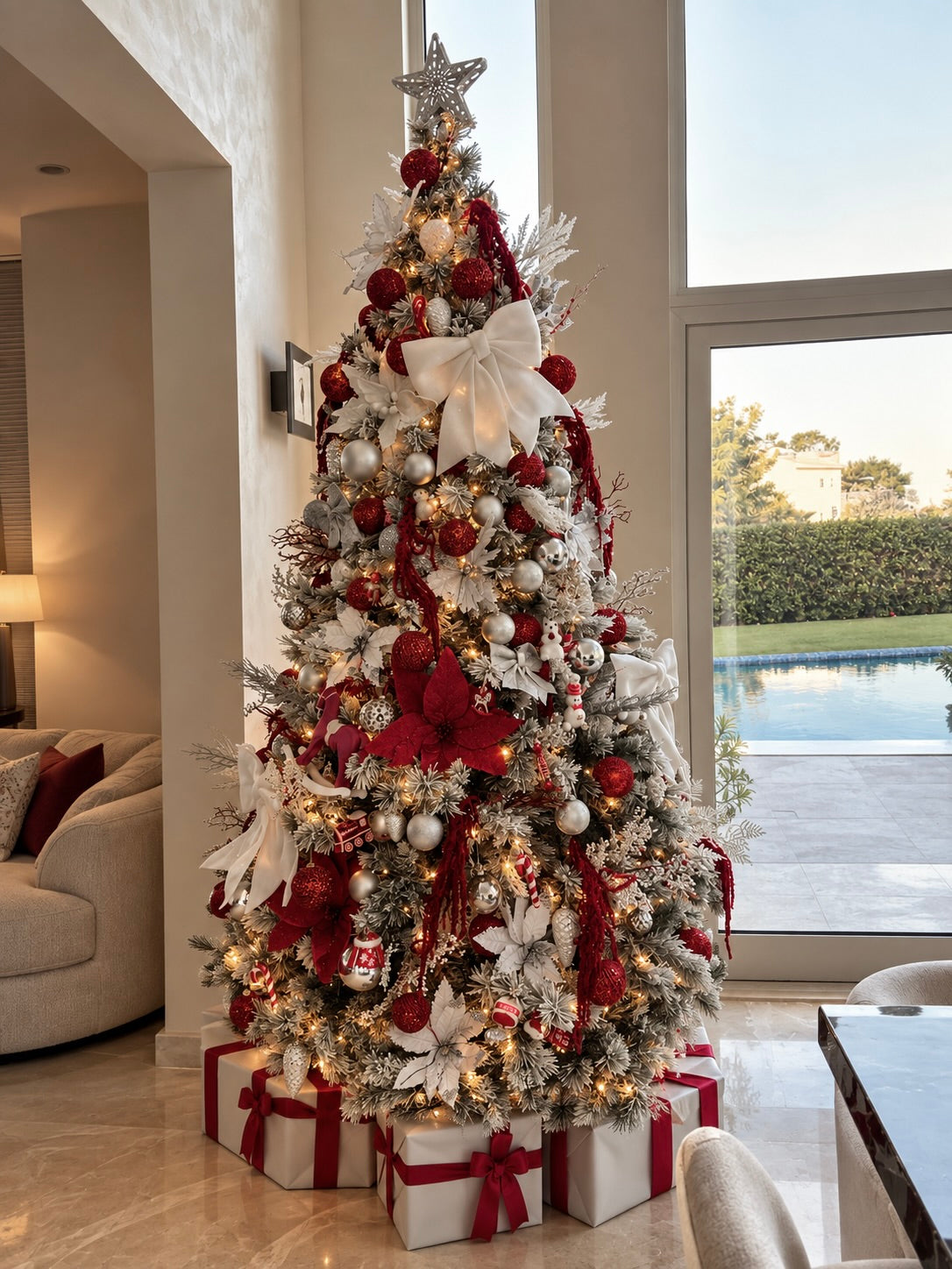 Red, White & Silver Luxury Premium Flocked Christmas Tree 2.7 m / 8.9 ft