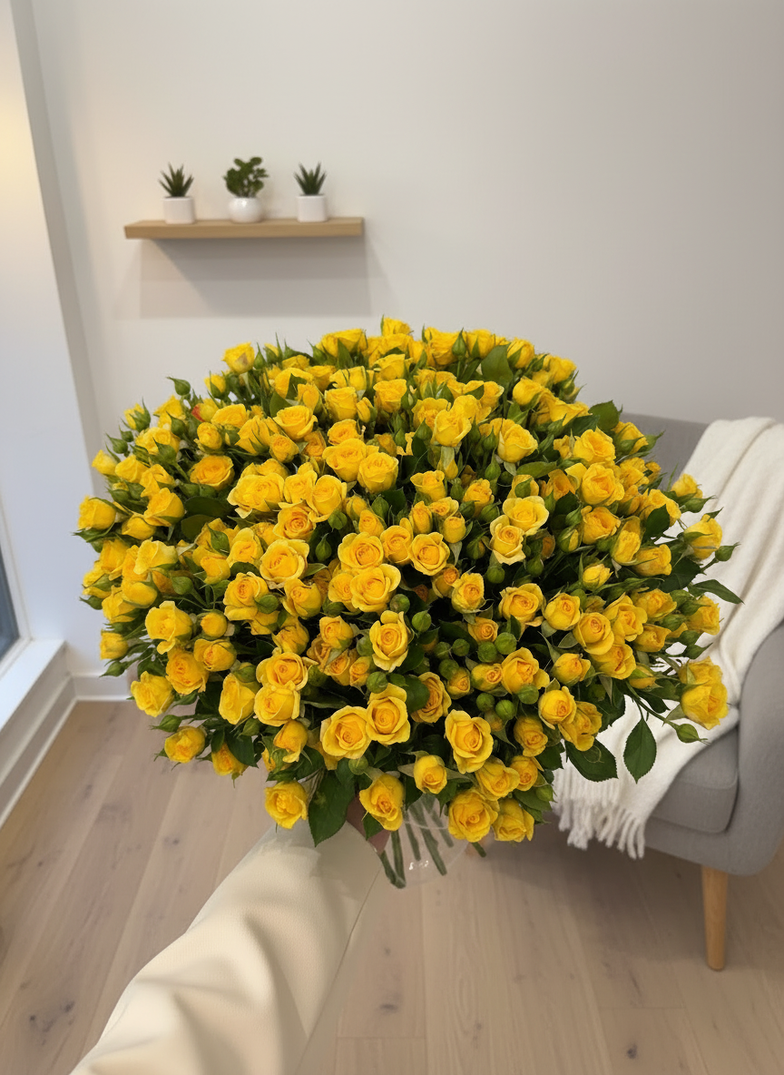 FLOWERS BOUQUET WITH SPREY YELLOW ROSES “SUNSMILE”