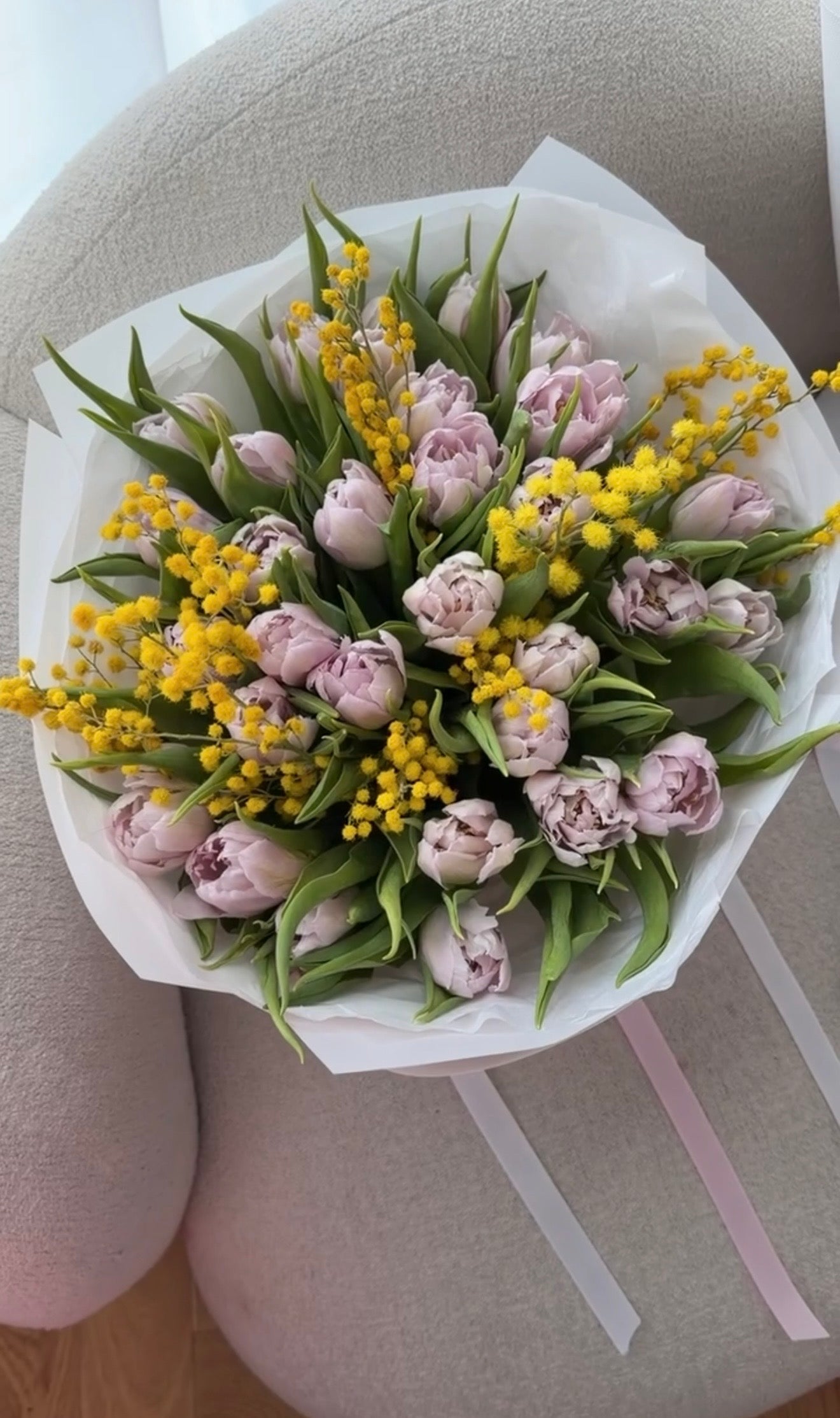 FLOWERS BOUQUET WITH LILAC TULIPS AND MIMOSA “HALO” 0118